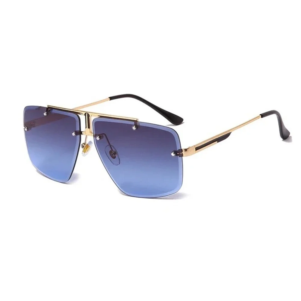 Men Rimless Square‎ Sunglasses Gradient Blue Lens Gold Frame Oversized Fashion